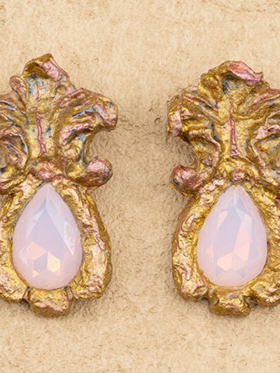 Jewelry - Handmade Papier-Mâché Gold Leaf Crown Drop Earrings, Pink Opal Color